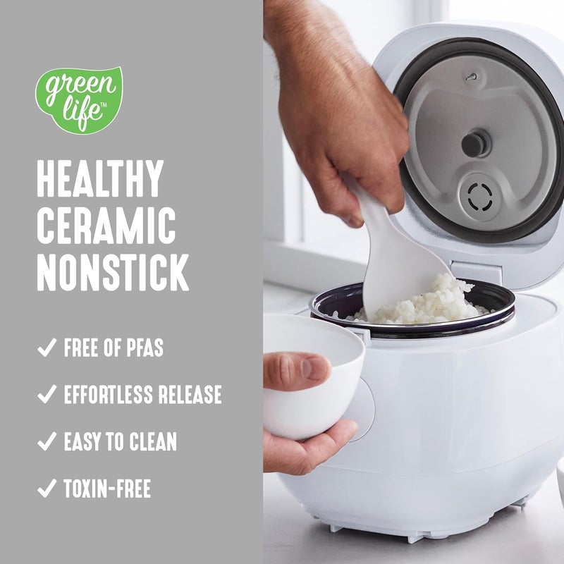 GreenLife طباخ أرز رقمي، 2 كوب غير مطبوخ/4 أكواب مطبوخة، وعاء سيراميك غير لاصق قابل للإزالة وخالي من PFAS، إعدادات لمسة واحدة، شوفان، كينوا، أرز بني، الحفاظ على الحرارة تلقائيًا، تقنية منطق ضبابي، 1.5QT، أبيض - Image 3